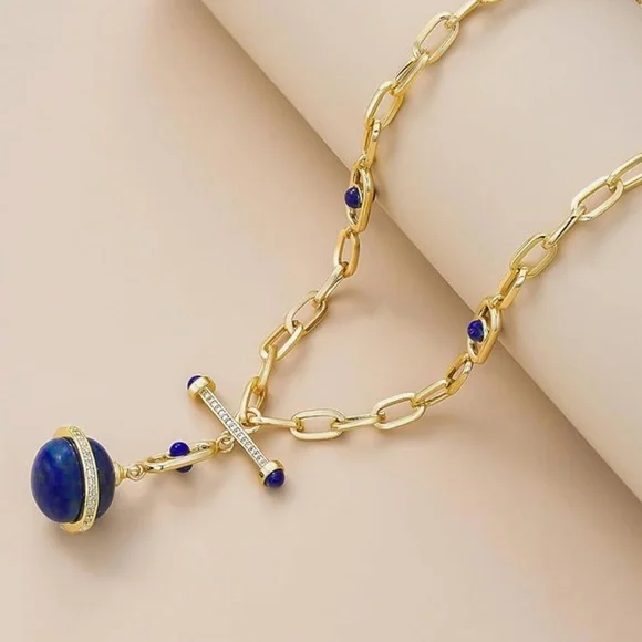 NEW 18K Gold Plated Blue Natural Stone Lapis Lazuli Round Globe Oval Necklace